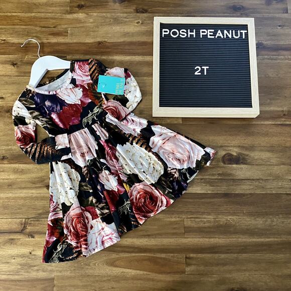 NWT Posh Peanut Zoey Long Sleeve Twirl Bamboo Black Cream Pink Red Floral Dress - Picture 1 of 6